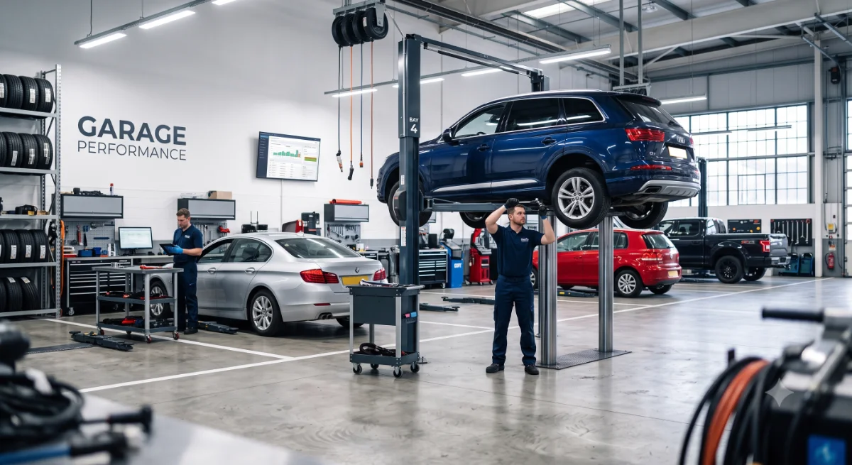 Technician servicing a vehicle on a lift in a modern workshop