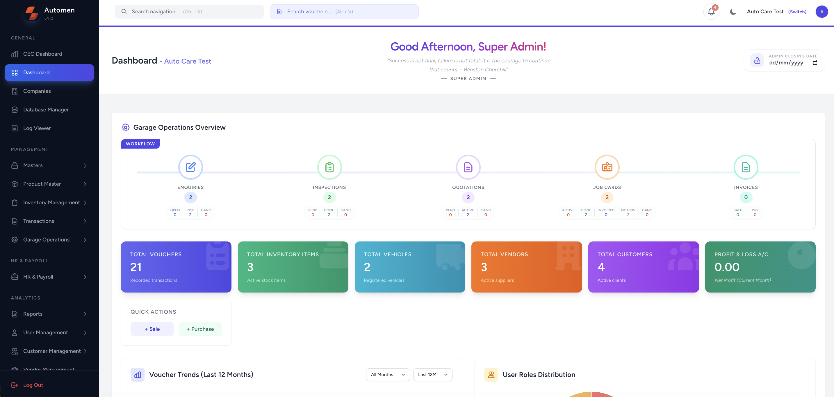 Automen dashboard showing garage jobs, enquiries and financial summary